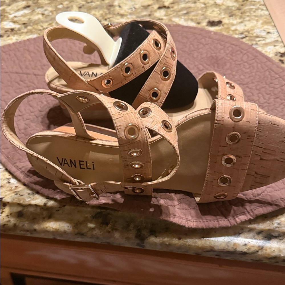 Vaneli Tan Cork Sandals with Gold Details
